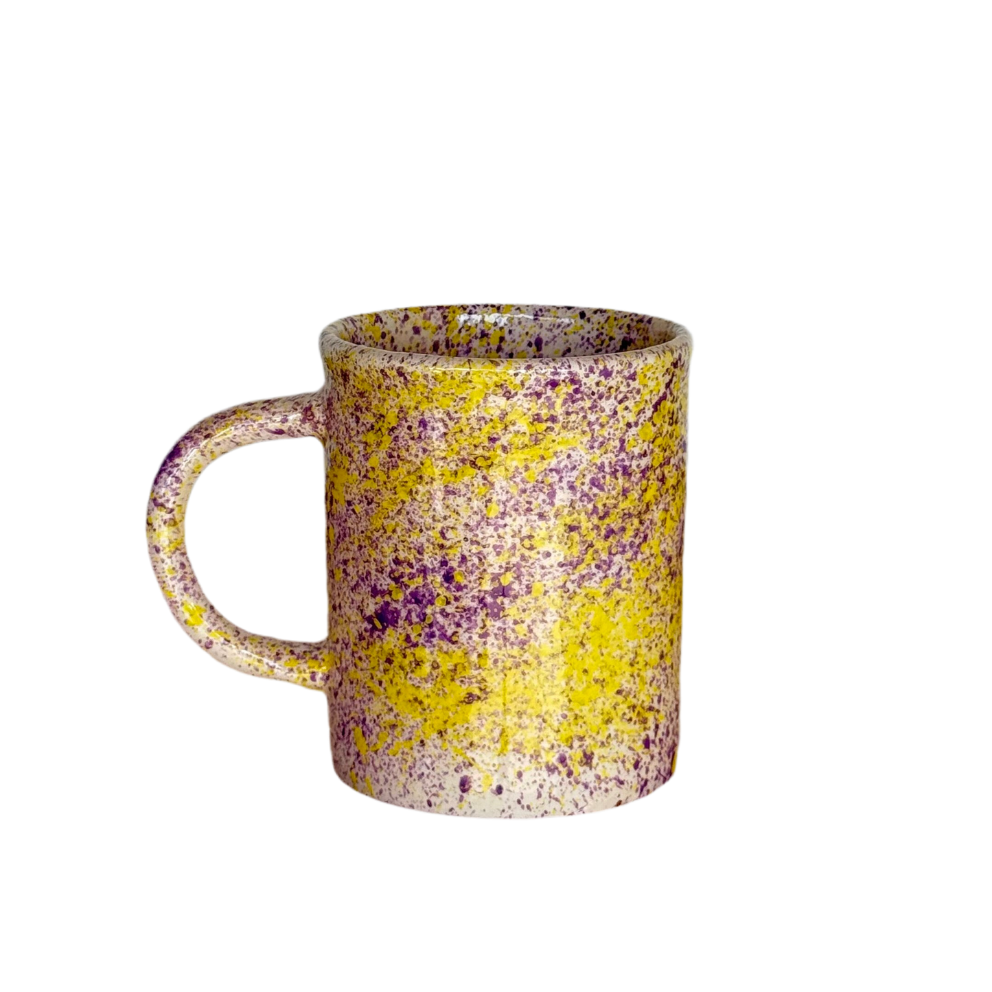 Sus.Studio handgemaakt servies uit Portugal koffiemok met oor paarse gele spetters 1