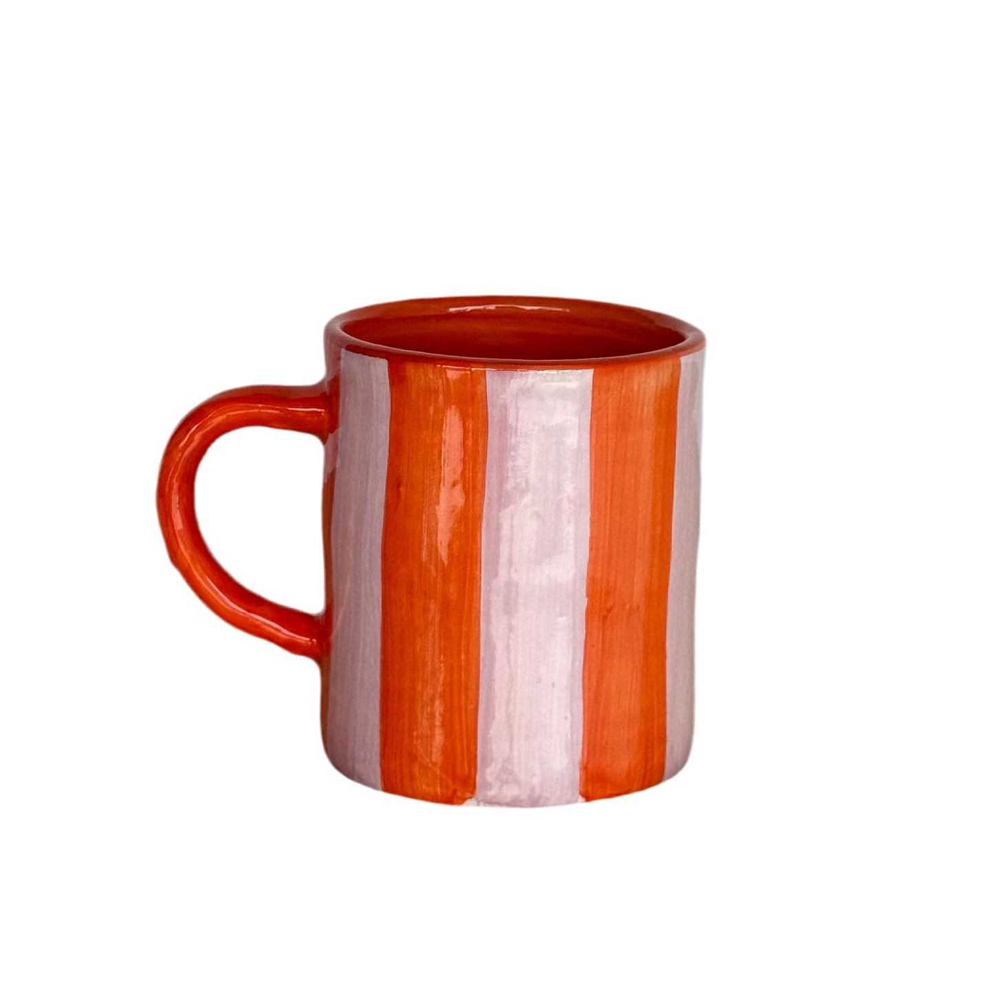 Sus.Studio handgemaakt servies uit Portugal koffiemok met oor roze en oranje strepen 1