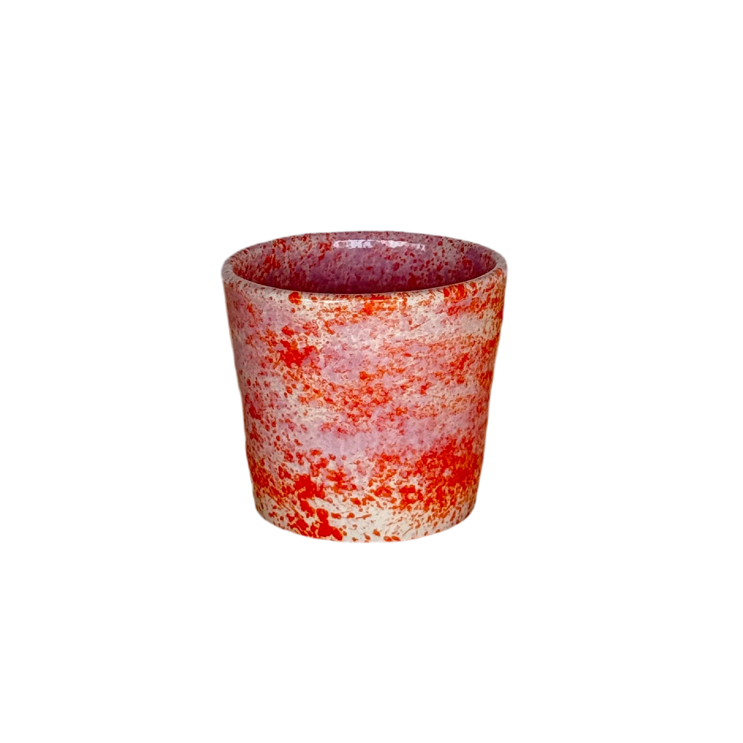 Sus.Studio handgemaakt servies uit Portugal koffiemok zonder oor roze en oranje spetters 1
