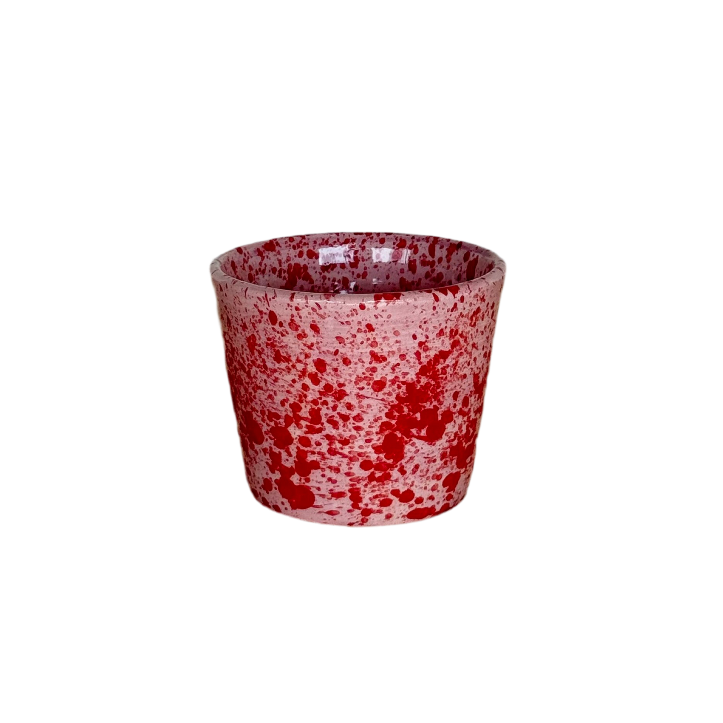 Sus.Studio handgemaakt servies uit Portugal koffiemok zonder oor roze en rode spetters 1
