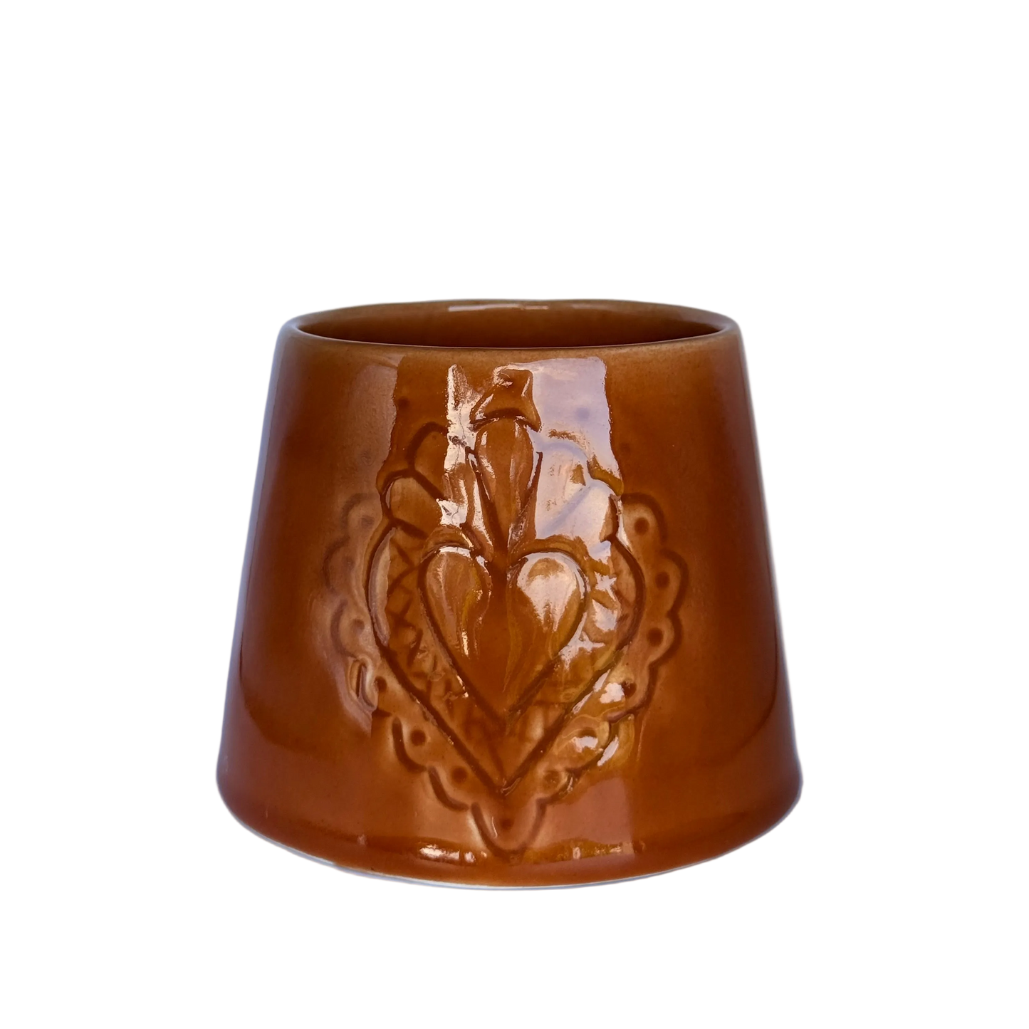 Detailfoto theemok Marokkaanse keramiek terracotta met hart gravering