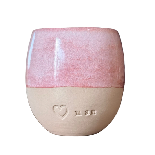 koffiemok zonder oor roze tekst MAM steengoed1