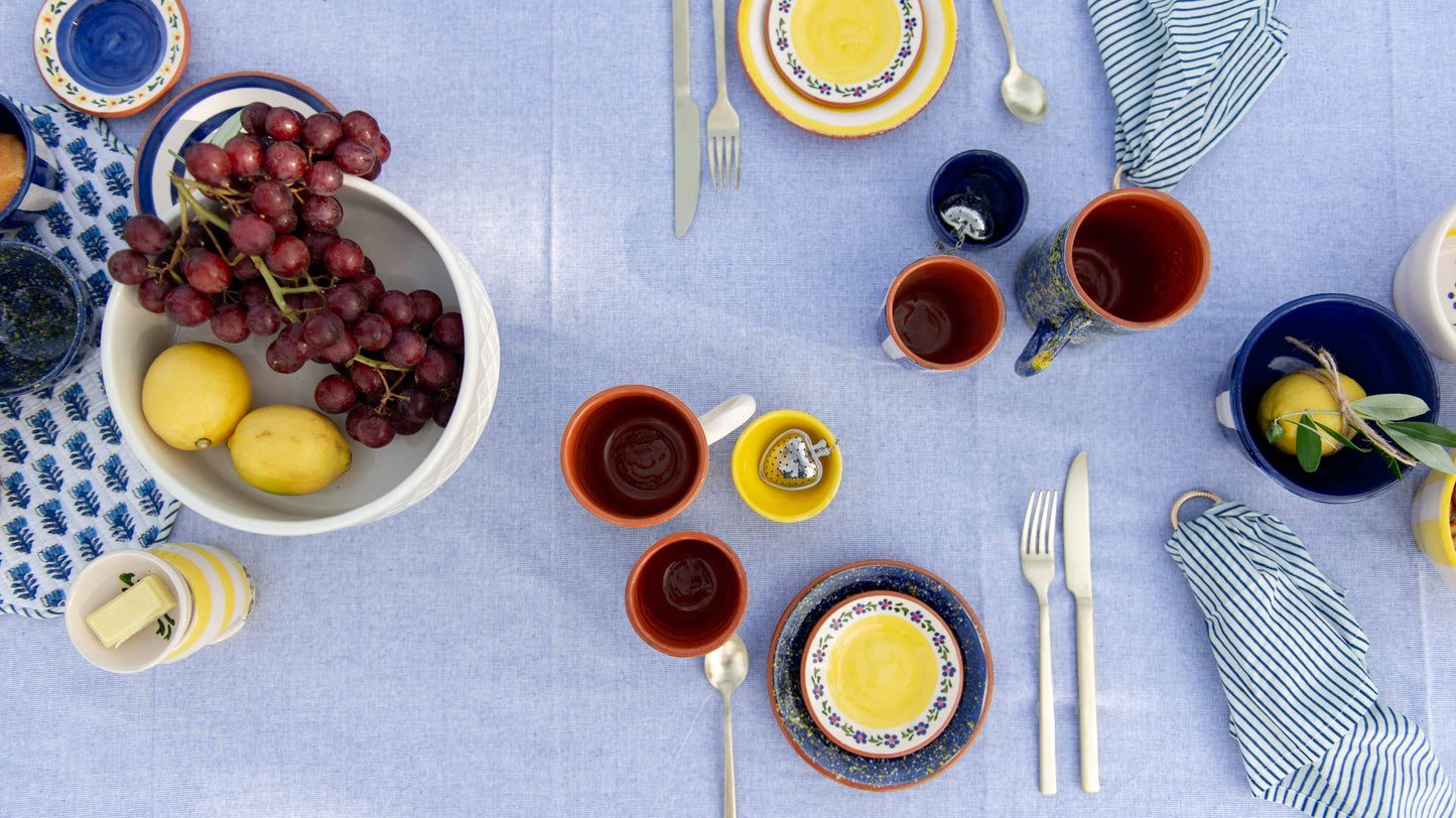 Sus.Studio gekleurd keramiek servies blauw geel wit streep spetter
