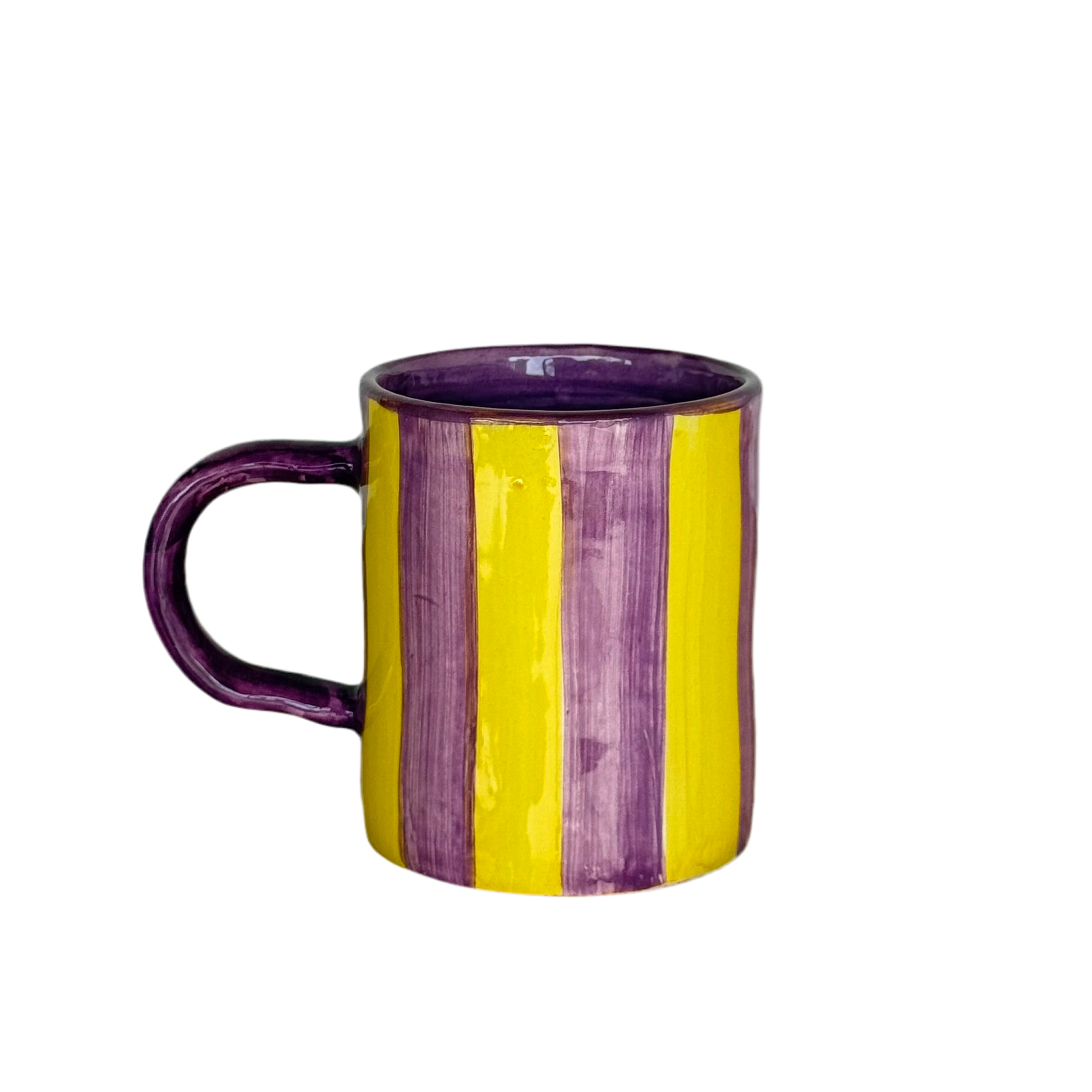 Sus.Studio handgemaakt servies uit Portugal koffiemok met oor paars met gele strepen 1