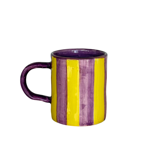 Sus.Studio handgemaakt servies uit Portugal koffiemok met oor paars met gele strepen 1