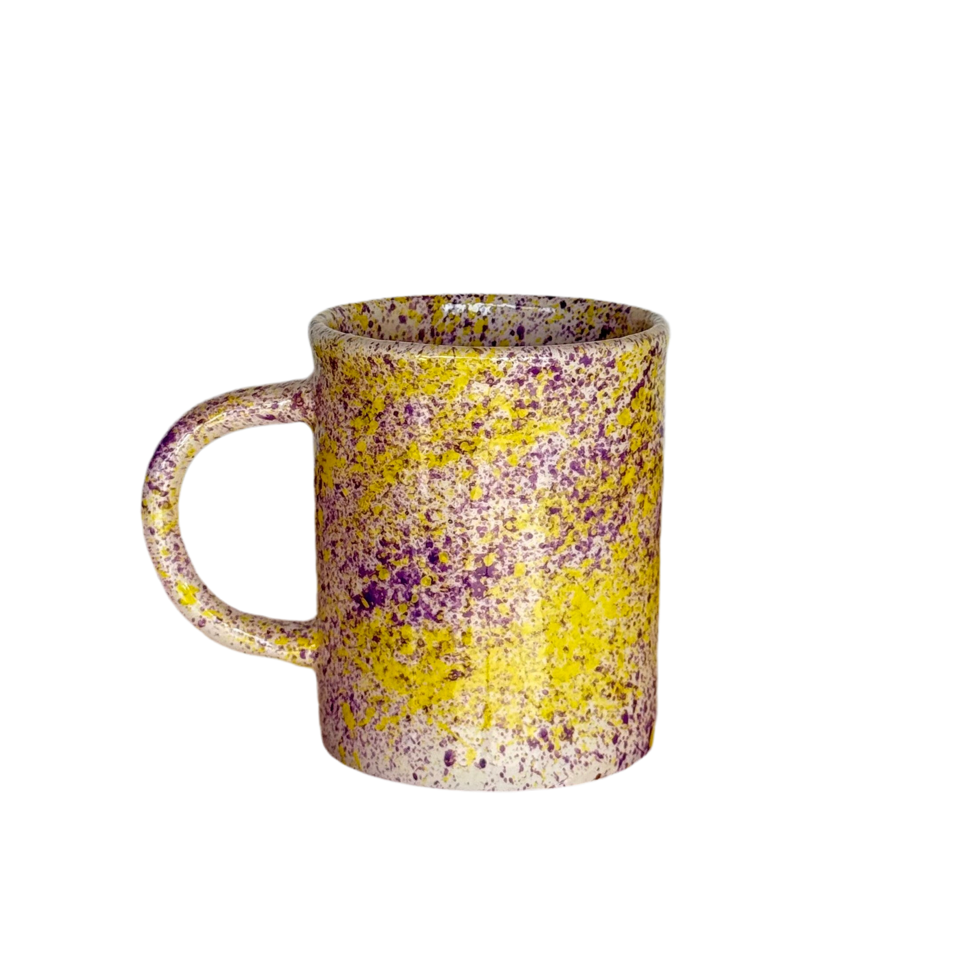 Sus.Studio handgemaakt servies uit Portugal koffiemok met oor paarse gele spetters 1