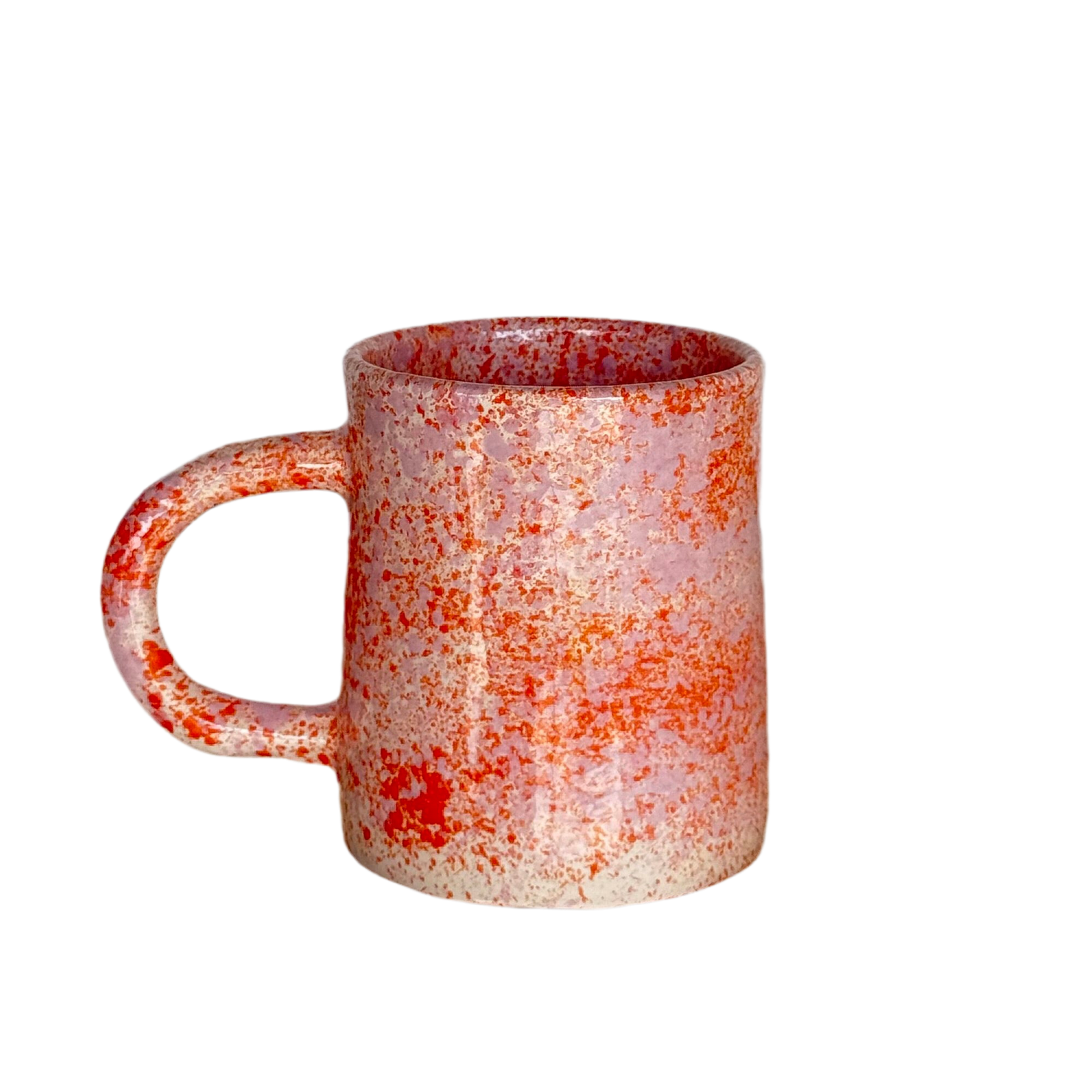 Sus.Studio handgemaakt servies uit Portugal koffiemok met oor roze en oranje spetters 1