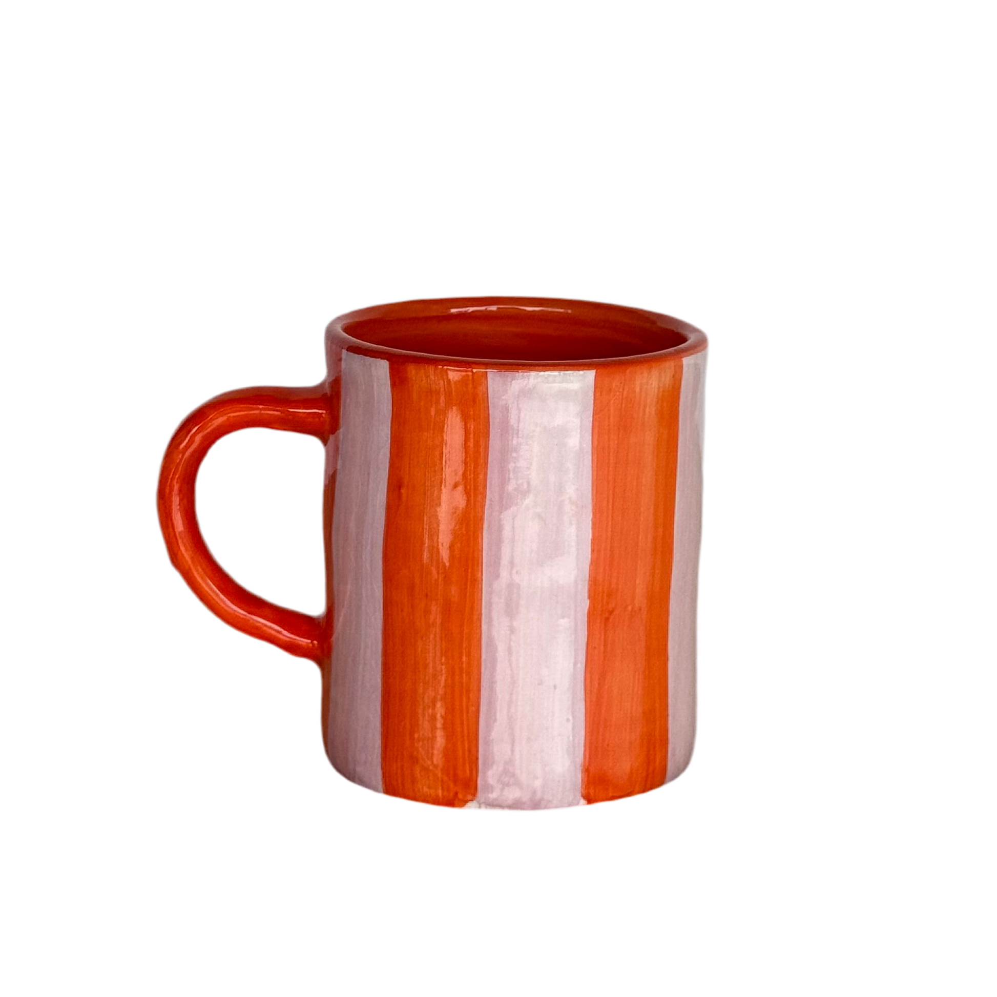 Sus.Studio handgemaakt servies uit Portugal koffiemok met oor roze en oranje strepen 1