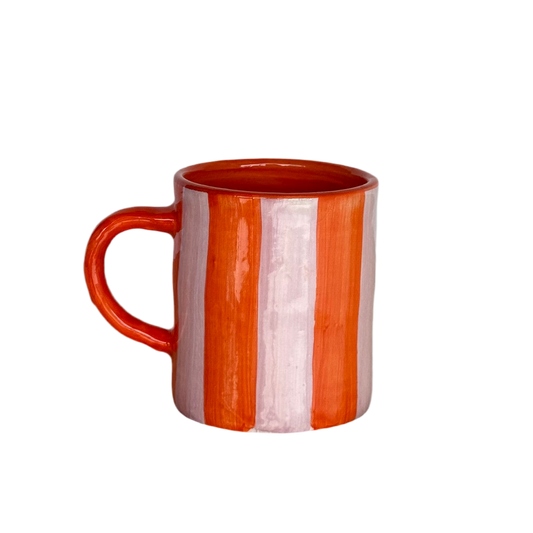 Sus.Studio handgemaakt servies uit Portugal koffiemok met oor roze en oranje strepen 1