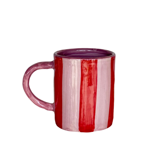 Sus.Studio handgemaakt servies uit Portugal koffiemok met oor roze en rode strepen 1