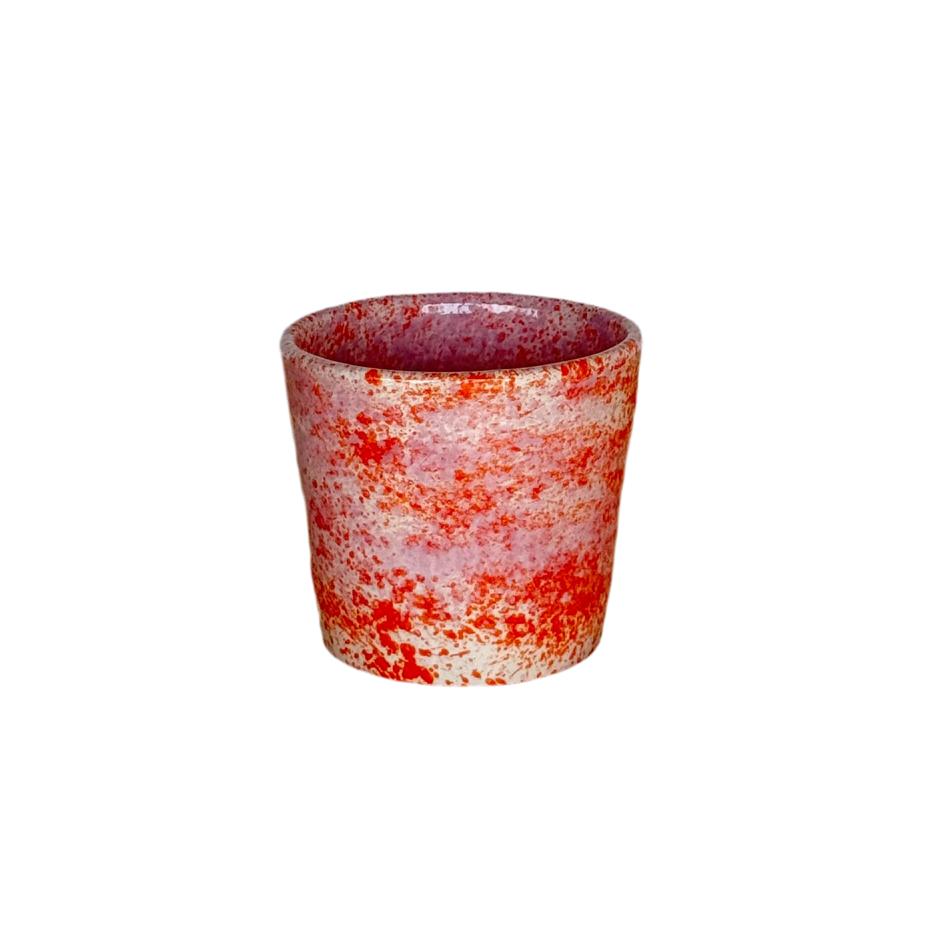Sus.Studio handgemaakt servies uit Portugal koffiemok zonder oor roze en oranje spetters 1
