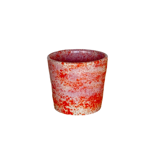 Sus.Studio handgemaakt servies uit Portugal koffiemok zonder oor roze en oranje spetters 1