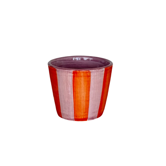 Sus.Studio handgemaakt servies uit Portugal koffiemok zonder oor roze en oranje strepen 1