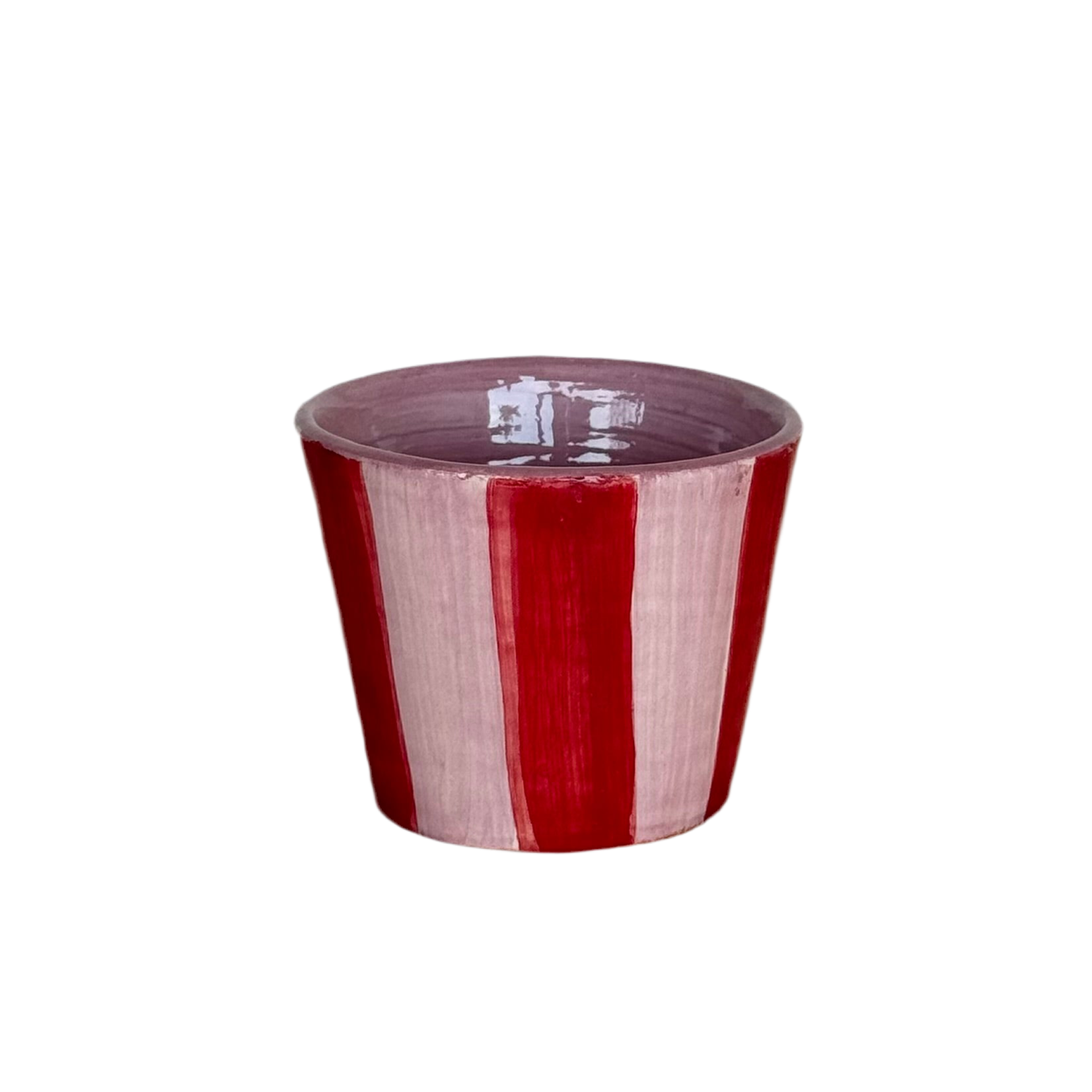 Sus.Studio handgemaakt servies uit Portugal koffiemok zonder oor roze en rode strepen 2