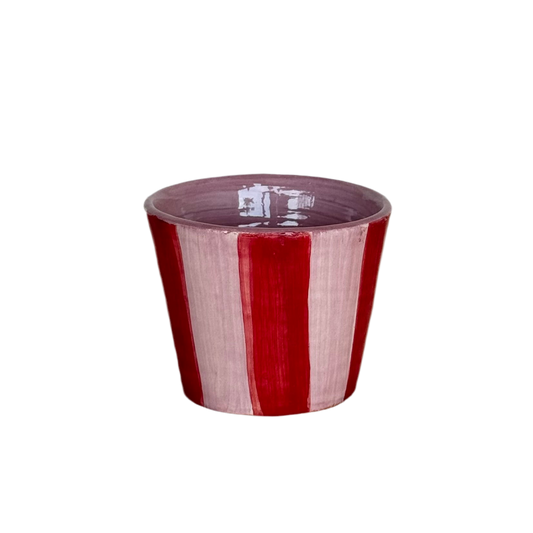 Sus.Studio handgemaakt servies uit Portugal koffiemok zonder oor roze en rode strepen 2