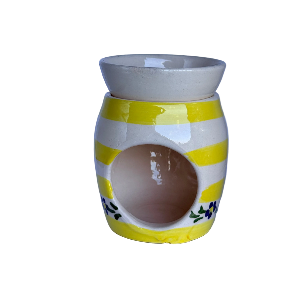 voorkant detailfoto geurbrander geel met wit gestreept van handgemaakt Portugees keramiek