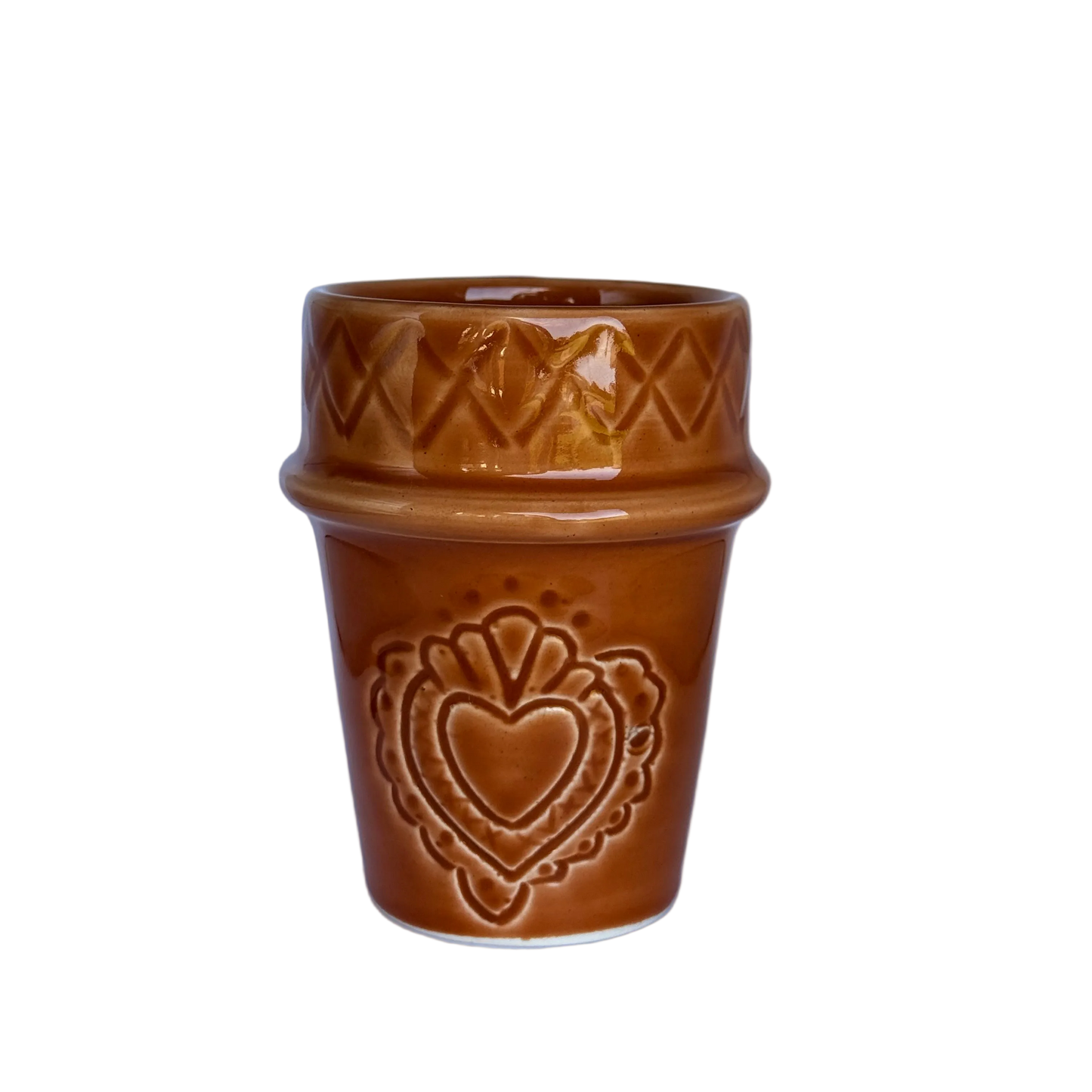 terracotta bruin koffiekopje van marokkaans keramiek met hartvorm gegraveerd